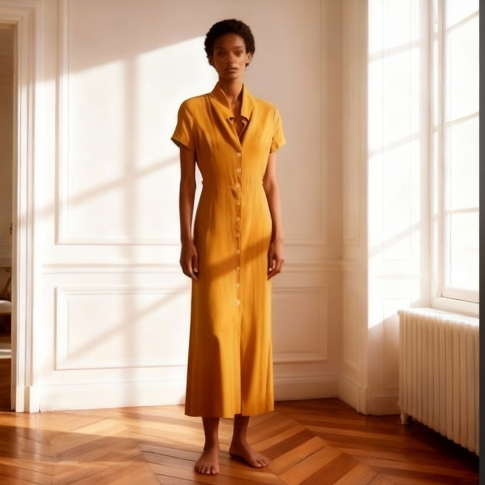 Aritzia Wilfred midi mustard yellow shirt dress size M